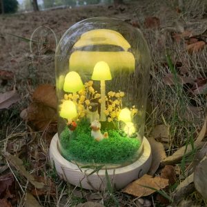 Green Mushroom Lamp with Couple Cats & Butterfly & Ladybug